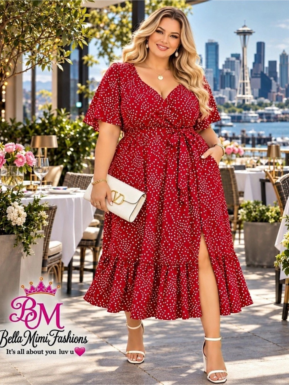 ❤️ BloomChic Red & White Dot Faux Wrap Midi/Maxi Dress – Size 22/24 3X – NWT